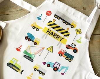 Personalised Kid's Apron with Diggers - Unique Gift for Toddler Boy - Trucks / Tractors / Lorries - Custom Kids Cookery Apron - Construction