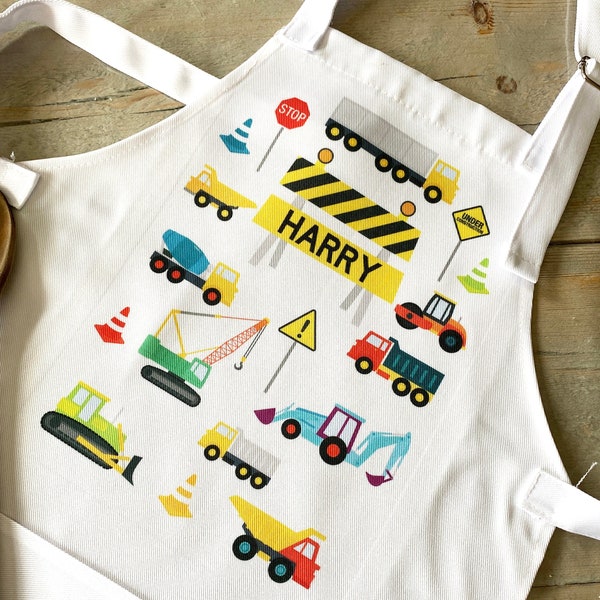 Personalised Kid's Apron with Diggers - Unique Gift for Toddler Boy - Trucks / Tractors / Lorries - Custom Kids Cookery Apron - Construction