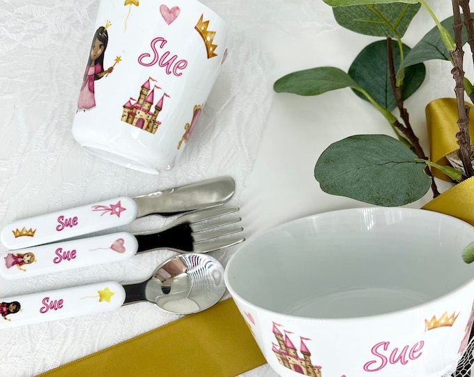 Personalised Children's Dinner Set with Princess - Plate / Bowl / Cup / Cutlery Set for Kid's Personalised with Name