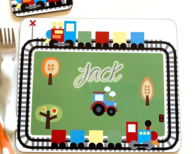 Custom Kid's Train Placemat with Name - Custom Bright Train Table Mat for Boys with Name - Transport Gift for Boy
