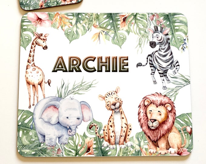 Kid's Jungle Animal Placemat Set with Name - Custom Safari Zoo Table Mat for Boys with Name - Animal Zoo Gift