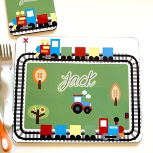Custom Kid's Train Placemat with Name - Custom Bright Train Table Mat for Boys with Name - Transport Gift for Boy