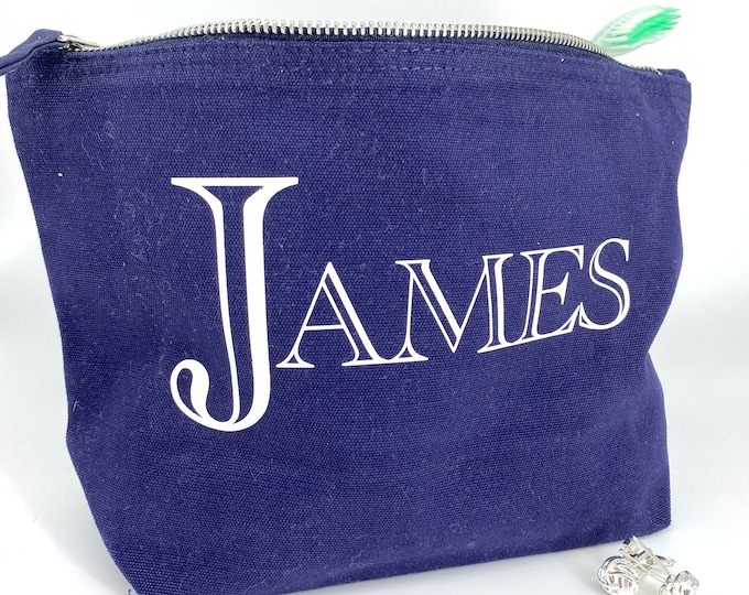 Mens Canvas Wash Bag Personalised - Father's Day Gift For Dad with Custom Name - Canvas Zip Bag for Him - Cotton Anniversary Gift for Him
