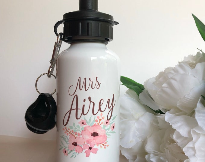 Personalised Water Bottle with Pretty Pink Flowers - Custom Name Bottle - Reusable Water Bottle - Steel - Gift for Friend