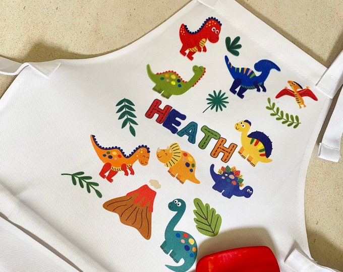 Personalised Child Apron for Cooking & Baking - Bright Dinosaur Kitchen Apron for toddlers and children - 2 Sizes