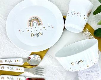 Personalised Children's Dinner Set with Rainbows - Plate / Bowl / Cup / Cutlery Set for Kids Personalised with Name