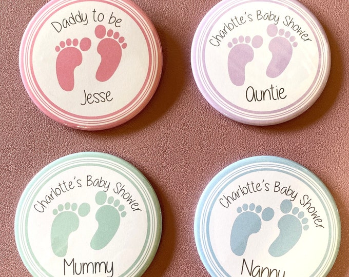 Personalised Baby Shower Badges with Baby Feet 6cm - New Baby Party badges, Christening Baptism Party Badges