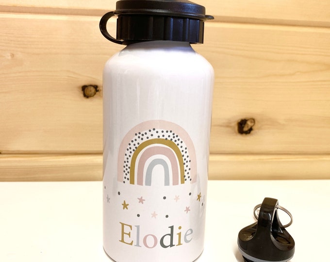 Personalised Rainbow Water Bottle - Reusable BPA Free Bottle - Custom Name Steel Sports Bottle with 2 lids