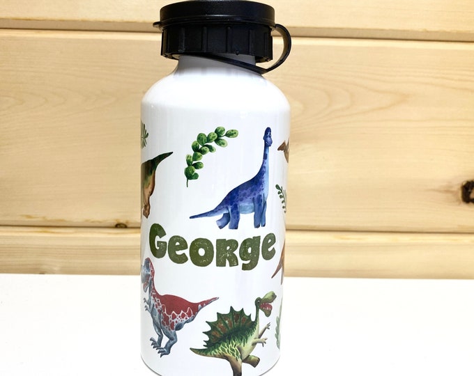 Personalised Kids Dinosaur Water Bottle - Custom Personalised Name Steel Sports Bottle with 2 Lids for Dinosaur Loving Kid