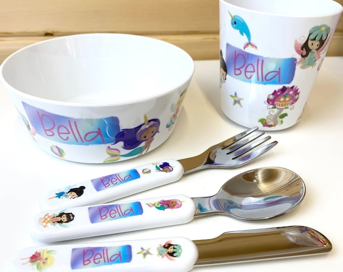 Personalised Kids Dinner Set - Fairies & Mermaids - Cute Plastic Bowl / Cup / Cutlery Set for Toddlers with Name  - 1st Birthday Gift