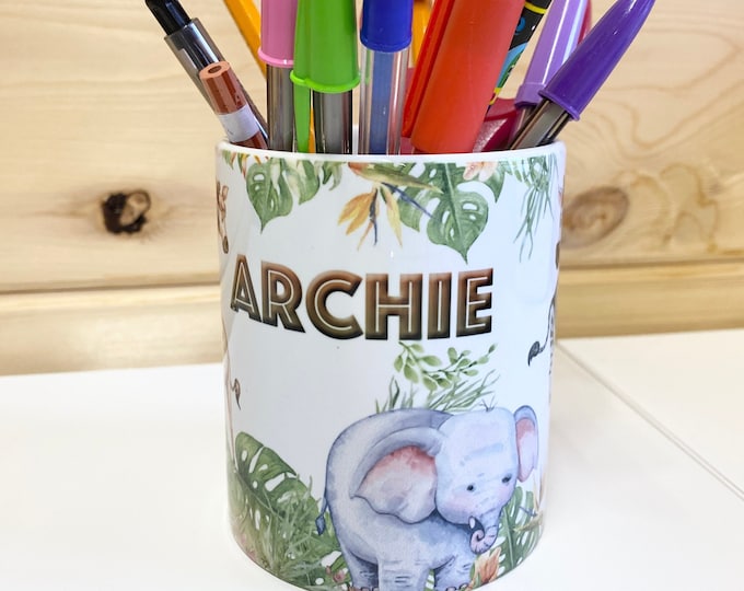 Personalised Pen Pot for Kids - Safari Jungle Animals Desk Pencil Stationery Storage - Kid's Birthday Christmas Gift