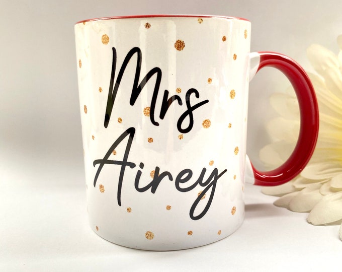 Red and Gold Glitter Polka Dot Mug - Personalised Mug for Her - Teacher Gift - Personalised Mug - Any Wording or Name - Custom Glitter Mug