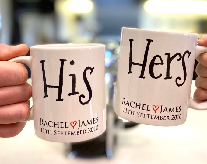 His & Hers / Same Sex Wedding Gift Mug Set - Engagement Present for Couples - Gifts for Newlyweds - Pottery 9th Wedding Anniversary Gift