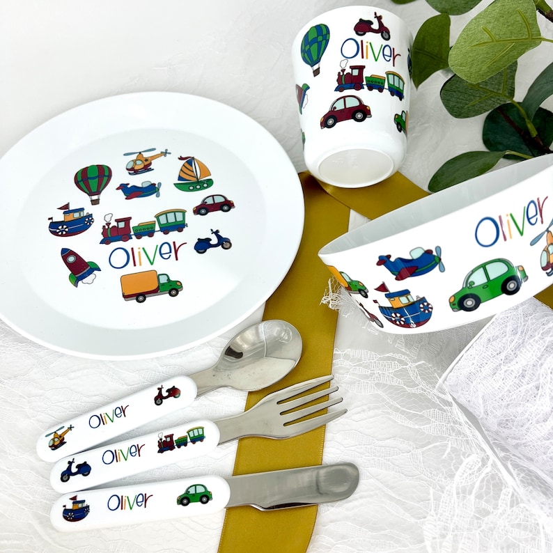 Personalised Children's Dinner Set with Transport Theme Bowl / Cup / Cutlery Set for Kids Personalised with Name image 3