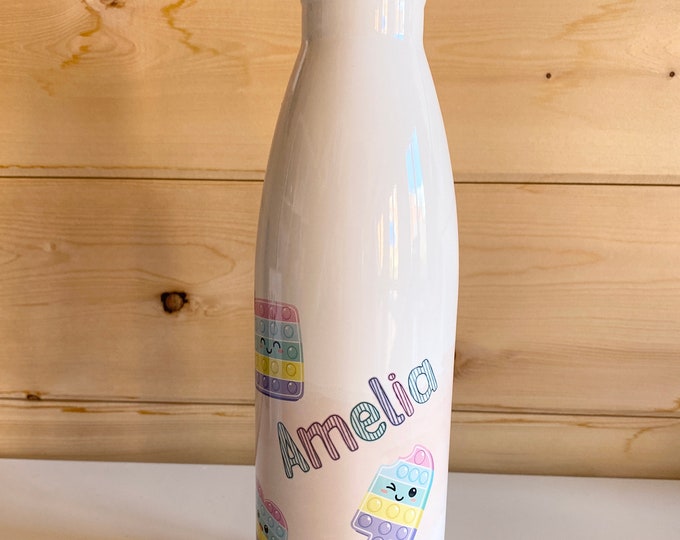 Personalised Water Bottle for Her with Kawaii "Pop-it" design - Vacuum Insulated Drinks Bottle 500ml