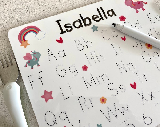 Custom Children's Placemat with Handwriting Practice Letters - Personalised Unicorn Table Mat 23x19cm