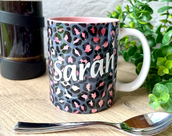 Pink Leopard Print Personalised Mug - Gift for Friend - Personalised Mug / Coaster for Her