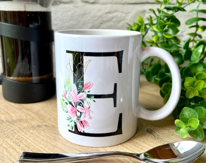 Magnolia Monogram Mug / Coaster for Her - Teacher Gift - Any Wording or Name - Custom Floral Monogram Mug