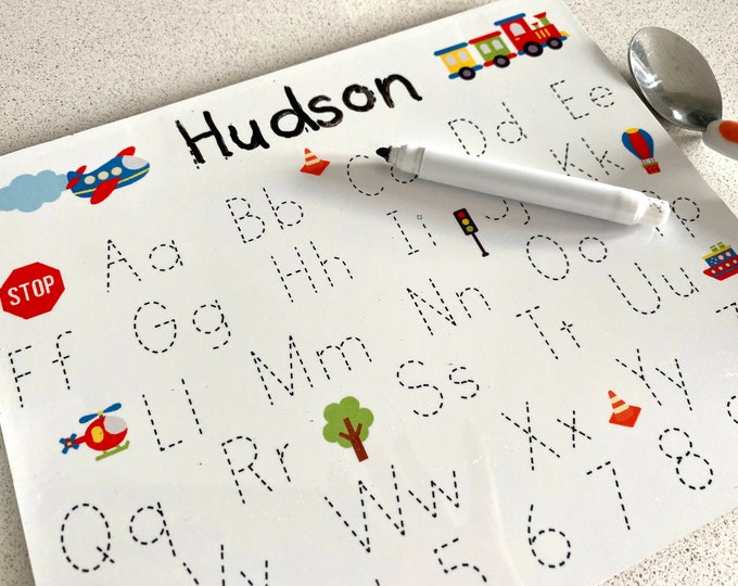 Custom Children's Placemat with Handwriting Practice Letters - Personalised Transport Table Mat 23x19cm