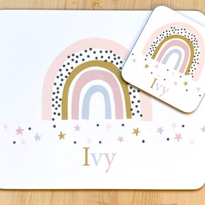 Pastel Rainbow Kid's Placemat Personalised - Children's Rainbows Table Mat for Girls with Name - Child's Placemat Set