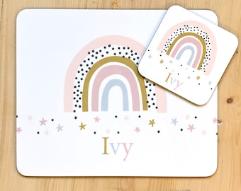 Pastel Rainbow Kid's Placemat Personalised - Children's Rainbows Table Mat for Girls with Name - Child's Placemat Set