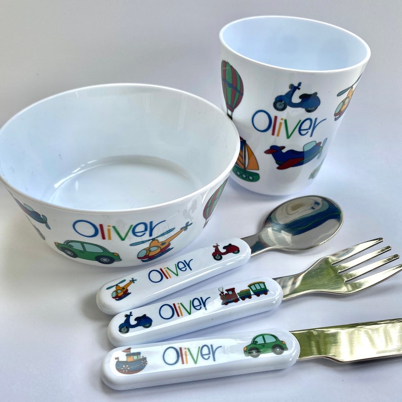 Personalised Children's Dinner Set with Transport Theme Bowl / Cup / Cutlery Set for Kids Personalised with Name image 9