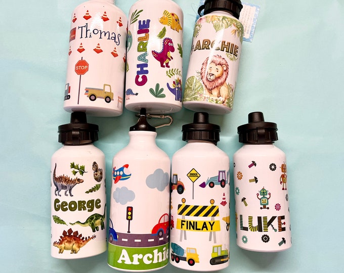 Personalised Boys Water Bottle for Nursery School - Digger, Dinosaurs, Robots - Personalised Drinks Bottle for Kids