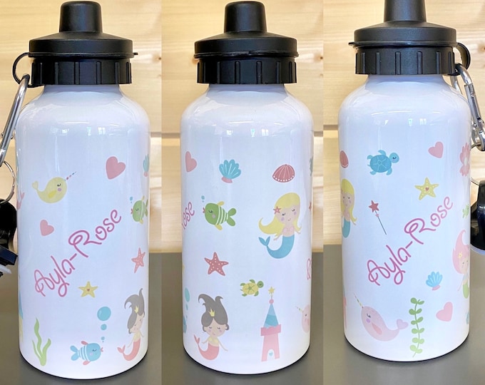 Personalised Mermaid Kids Water Bottle - Custom Name Steel Sports Bottle with 2 lids for Mermaid Loving Kid