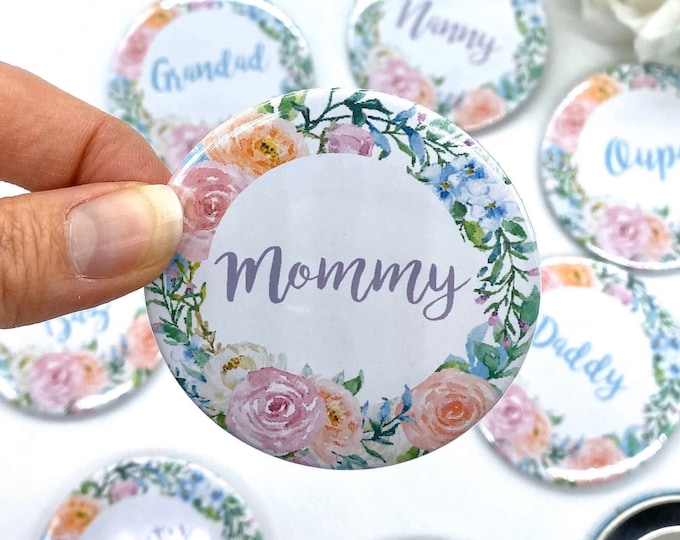 Floral Baby Shower Badges 6cm, Personalised Badges, New Baby Party badges, Christening Baptism Party Badges
