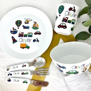 Personalised Children's Dinner Set with Transport Theme Bowl / Cup / Cutlery Set for Kids Personalised with Name Plate,Bowl,Cup,Cutle