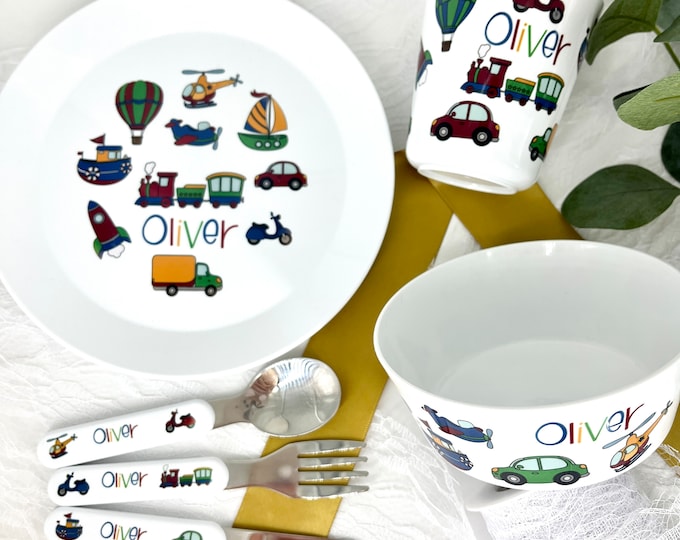 Personalised Children's Dinner Set with Transport Theme - Bowl / Cup / Cutlery Set for Kids Personalised with Name