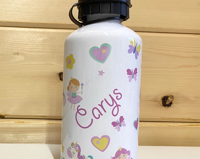 Personalised Name Water Bottle with Fairies and Unicorns - Custom Name Steel Sports Bottle with 2 lids