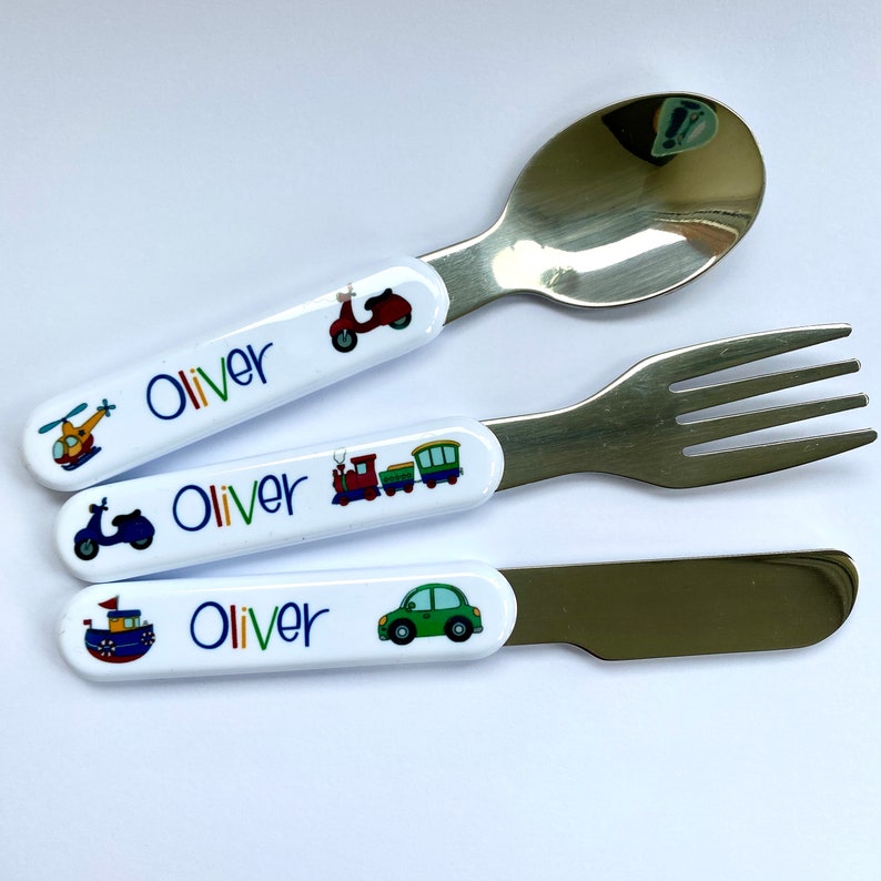 Personalised Children's Dinner Set with Transport Theme Bowl / Cup / Cutlery Set for Kids Personalised with Name Cutlery Only