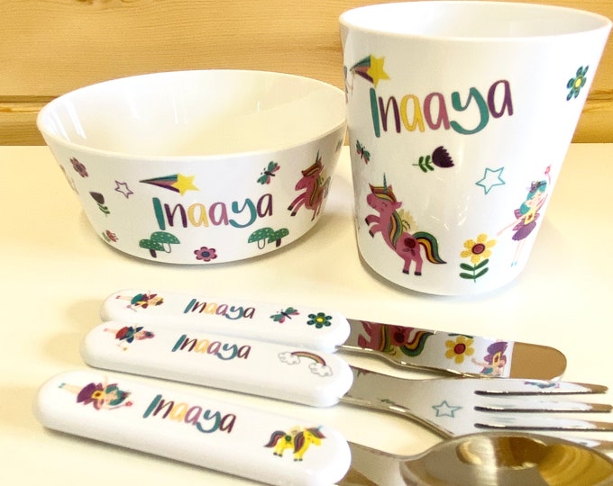 Personalised Children's Dinner Set with Fairies / Unicorns - Bowl / Cup / Cutlery Set for Kids Personalised with Name