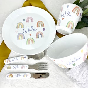 Personalised Kids Dinner Set with Rainbows - Plate / Bowl / Cup / Cutlery Set for Kids Personalised with Name