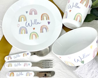 Personalised Kids Dinner Set with Rainbows - Plate / Bowl / Cup / Cutlery Set for Kids Personalised with Name