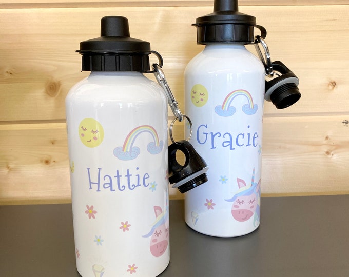 Personalised Unicorn Kids Water Bottle - Custom Name Steel Sports Bottle with 2 lids for Unicorn Loving Kid