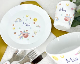 Personalised Children's Dinner Set with Unicorn - Plate / Bowl / Cup / Cutlery Set for Kid's Personalised with Name