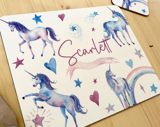 Personalised Unicorn Placemat & Coaster Set - Children's Watercolour Unicorn Table Mat for Girls with Name - Unicorn Gift for Kids