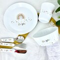 Personalised Children's Dinner Set with Rainbows - Plate / Bowl / Cup / Cutlery Set for Kids Personalised with Name - Unbreakable Plastic
