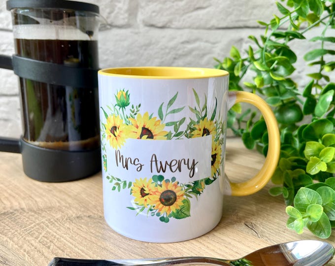 Sunflower Mug Personalised with Name - Custom Teacher Gift for Her - Nurse Gift Coffee Mug
