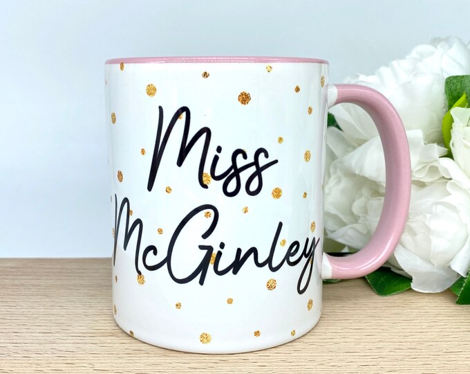 Personalised Teacher Mug for Her - Teacher Gift - Glitter Personalised Mug - Any Wording or Name - Custom Glitter Polka Dot Mug