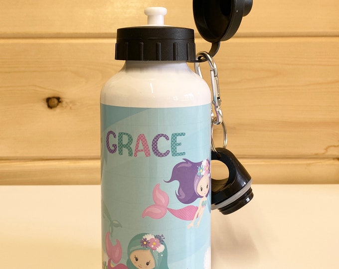 Personalised Mermaid Water Bottle for Child - Custom Name Steel Sports Bottle with 2 lids for Mermaid Loving Kid