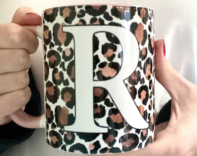 Rose Gold Leopard Print Initial Mug - Monogram Mug for her - Animal Print Lover Gift for Her
