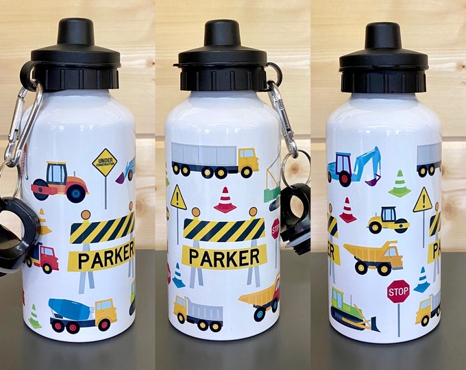 Personalised Digger Kids Water Bottle - Custom Personalised Name Steel Sports Bottle with 2 Lids for Truck Loving Kid