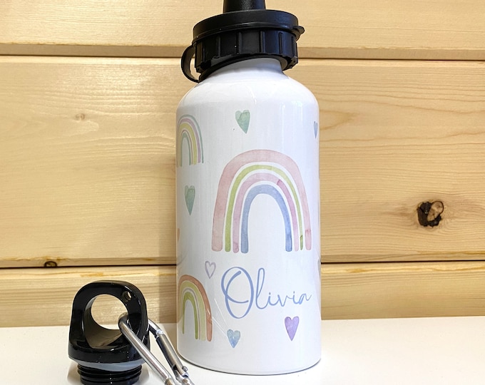 Personalised Water Bottle with Rainbows - Girls Rainbow Drinks Bottle for School - Custom Name Steel Sports Bottle with 2 lids
