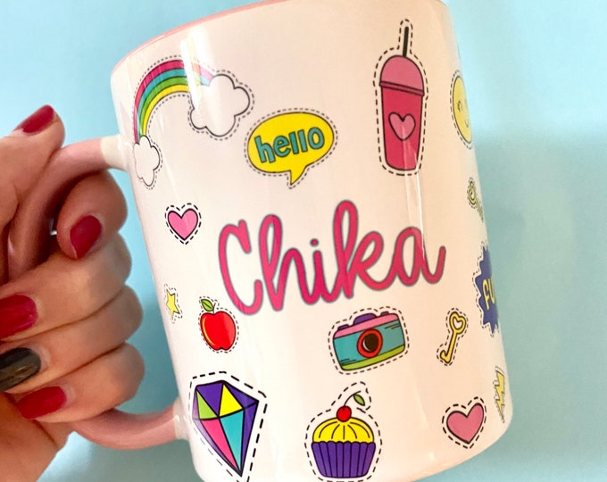 Cute Hot Chocolate / Drinks Mug with Bright Sticker Print - Cheery Mug with Rainbows, Cupcakes, Stars & Hearts - Gift for Teen