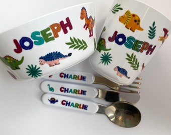 Personalised Children's Dinner Set with Dinosaur Theme - Plate / Bowl / Cup / Cutlery Unbreakable Plastic - for Kids with Name