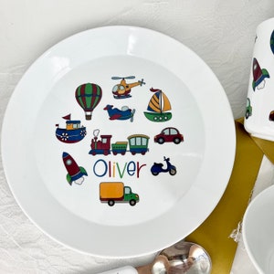 Personalised Children's Dinner Set with Transport Theme Bowl / Cup / Cutlery Set for Kids Personalised with Name Plate Only