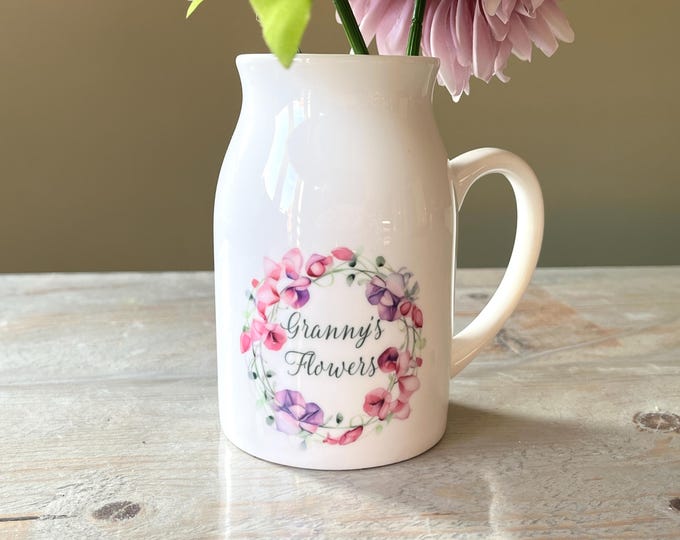 Personalised Floral Mini Jug Vase - Sweet Pea Floral Vase - Gift for Mum Grandmother Nanny Personalised Vase